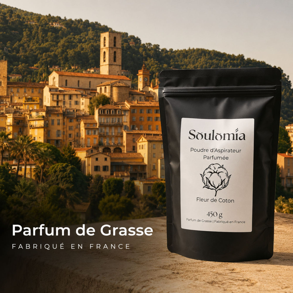 Poudre d’aspirateur parfumée Soulomia au parfum de Grasse, fabriquée en France