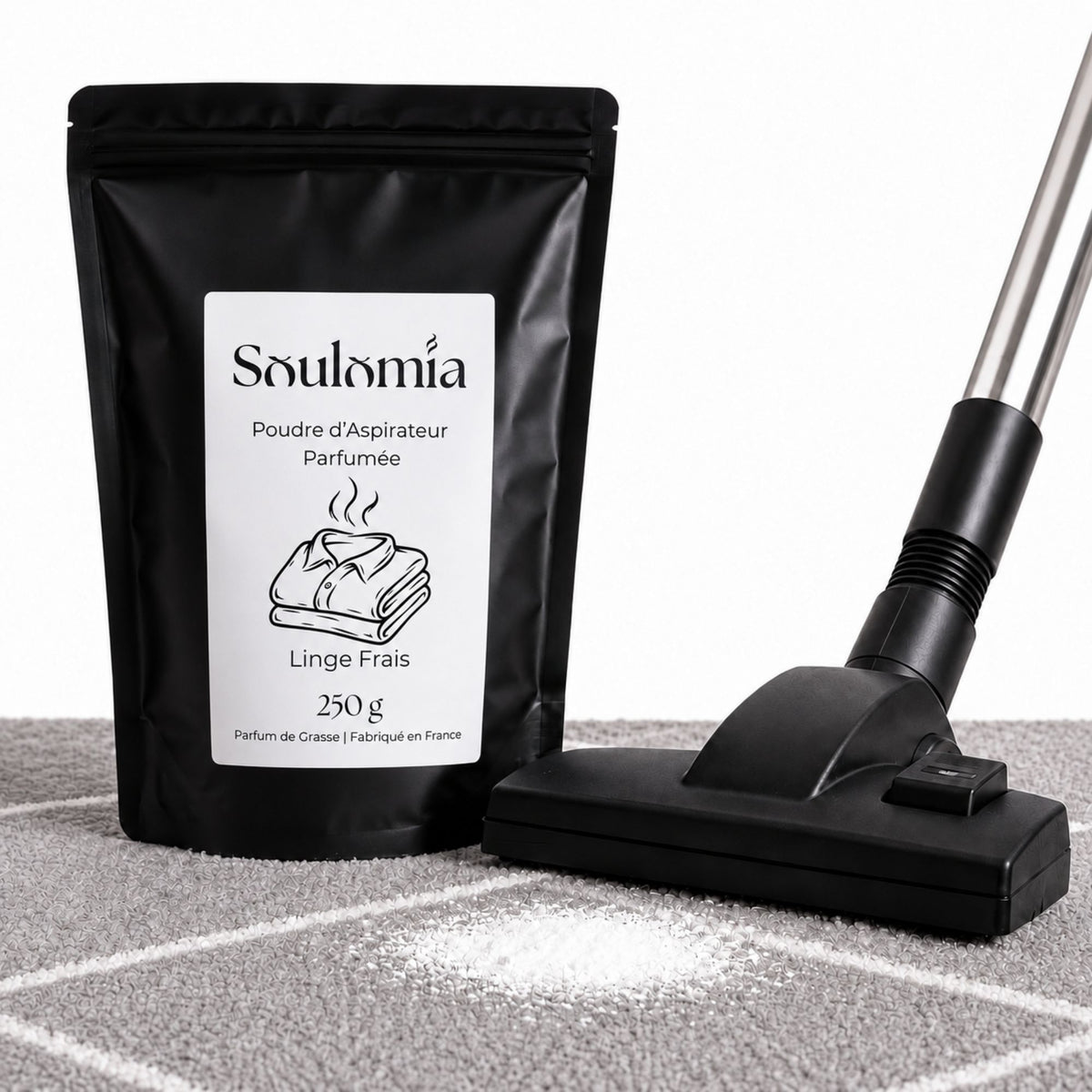 Poudre d’aspirateur parfumée Soulomia Linge Frais 250 g – sachet refermable et aspirateur