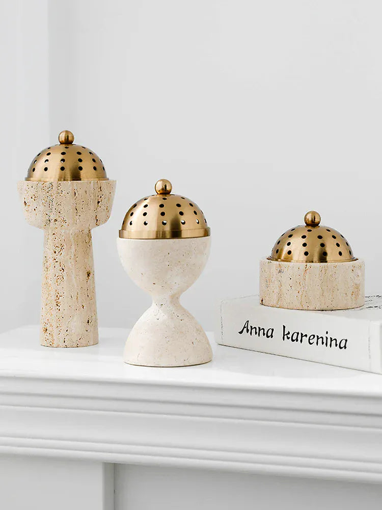 Brûleur d’Encens Travertin Luxe – Mabkhara & Laiton