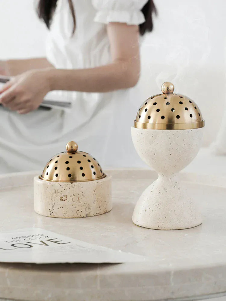 Brûleur d’Encens Travertin Luxe – Mabkhara & Laiton