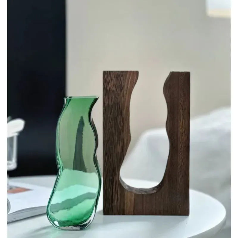 Vase en verre rectangulaire avec support en bois massif