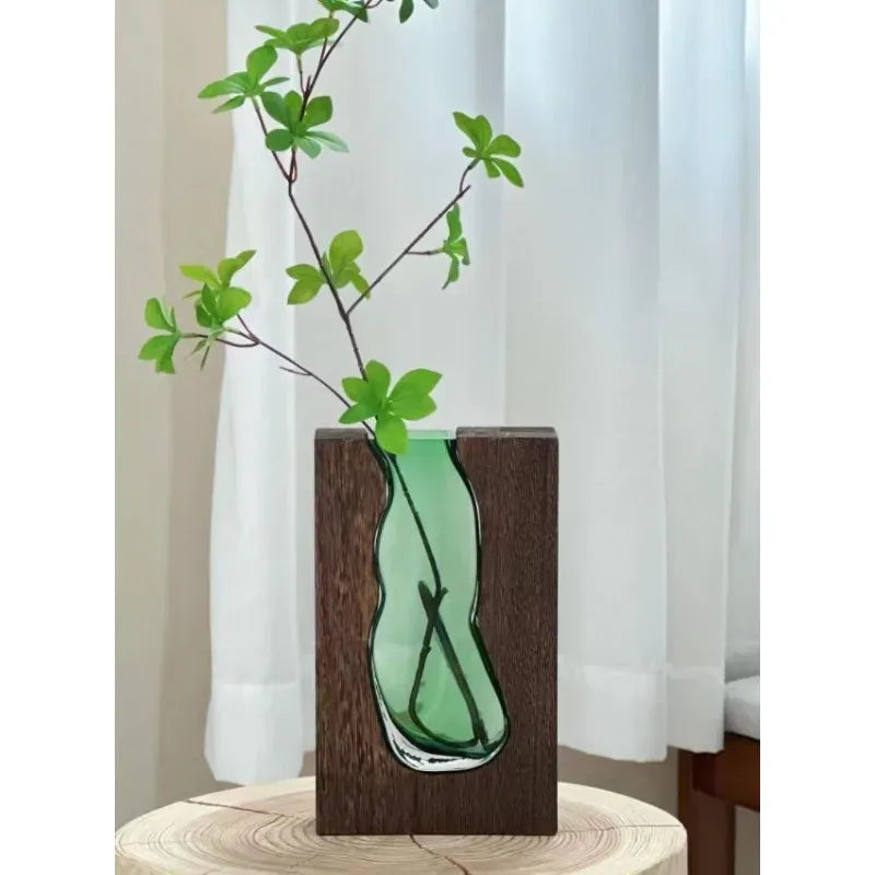 Vase en verre rectangulaire avec support en bois massif