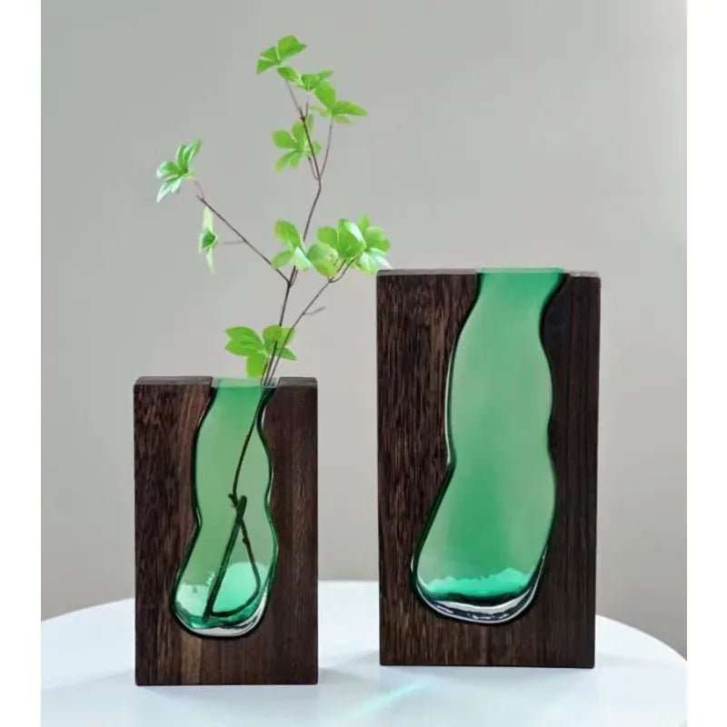 Vase en verre rectangulaire avec support en bois massif