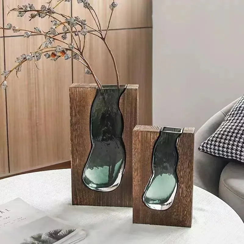 Vase en verre rectangulaire avec support en bois massif