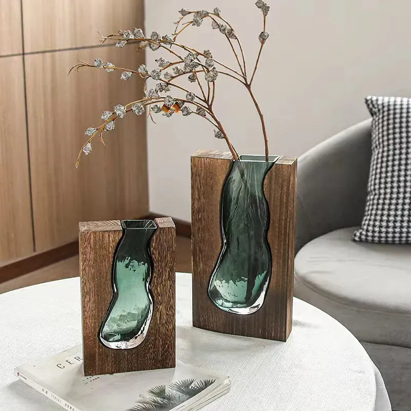Vase en verre rectangulaire avec support en bois massif