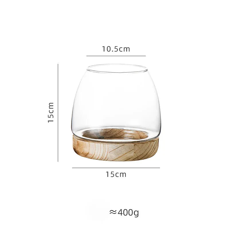 Vase en verre avec base en bois massif clair