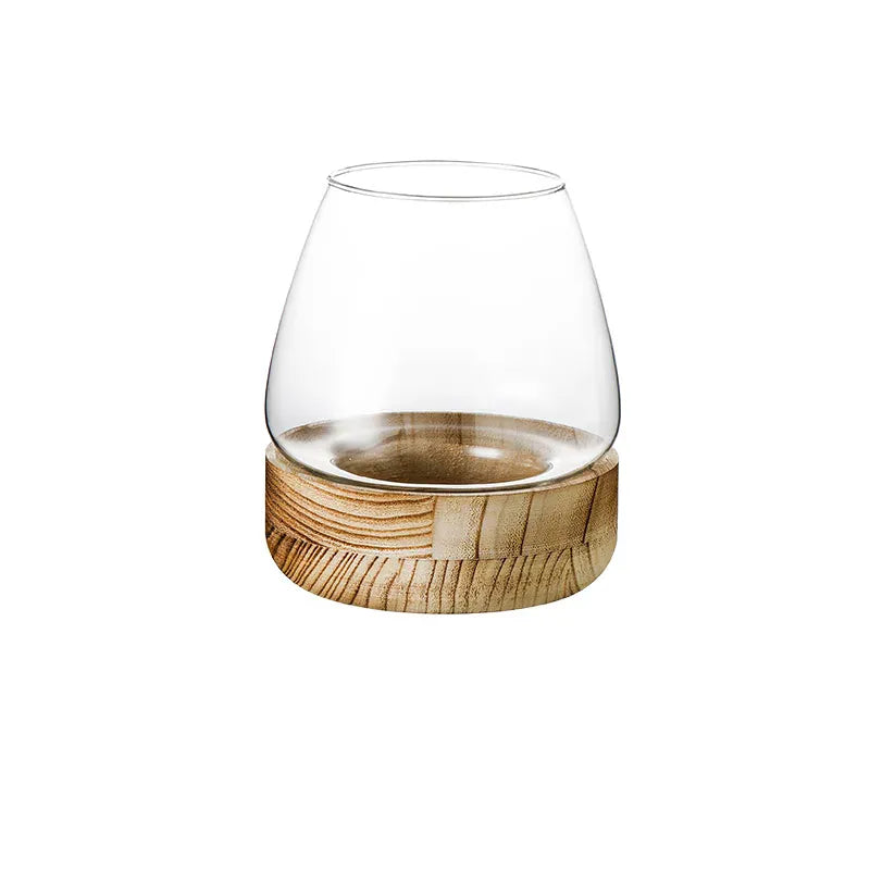 Vase en verre avec base en bois massif clair