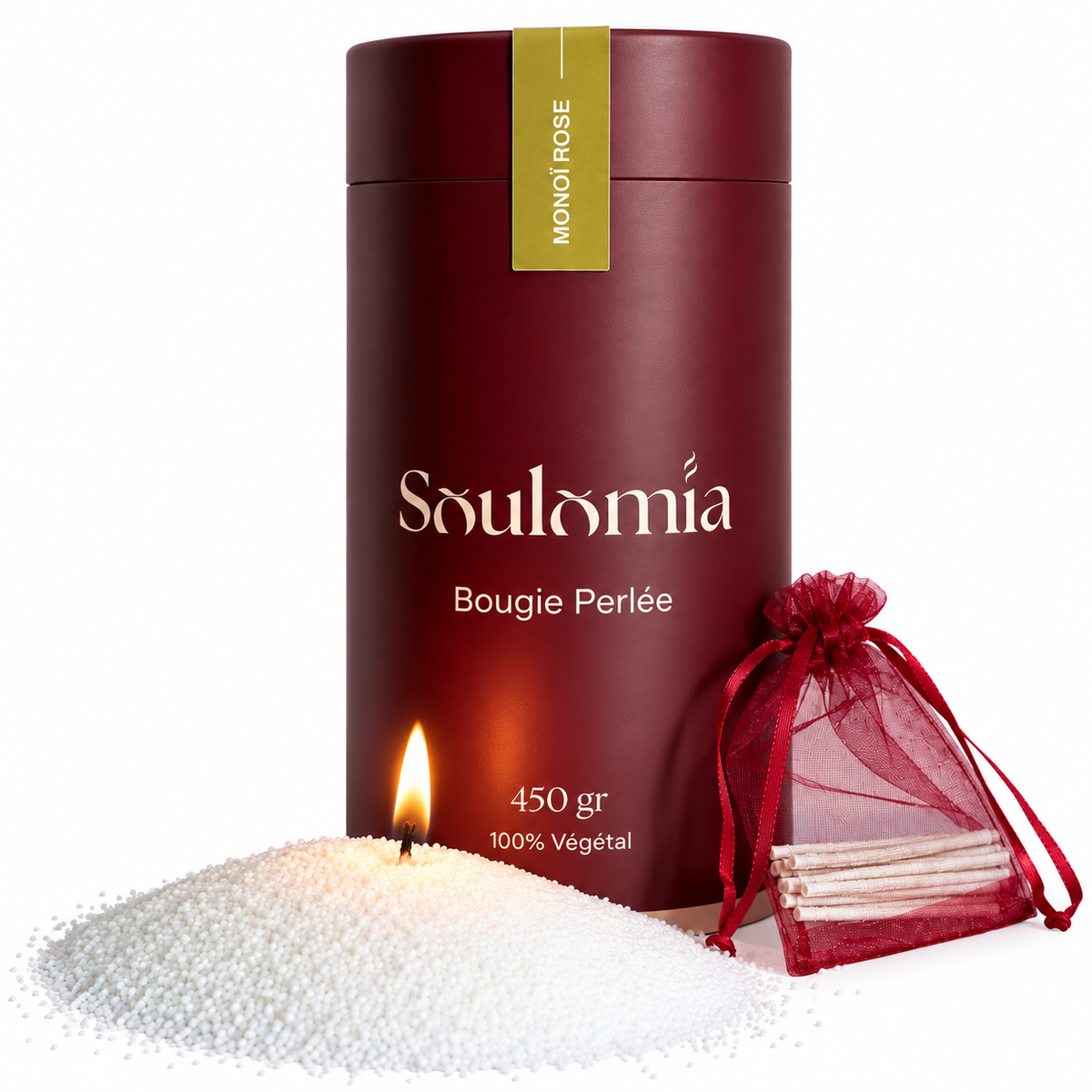 Bougie perlée Soulomia parfumée Monoï Rose – sable de bougie en cire de soja 450 g et mèches