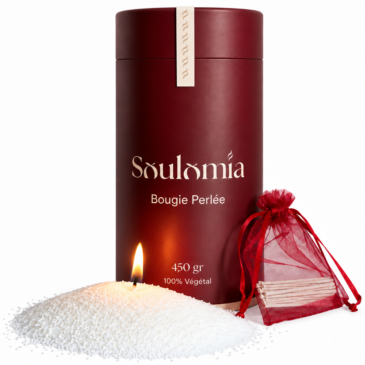 Bougie perlée Soulomia non parfumée – sable de bougie en cire de soja 450 g et mèches