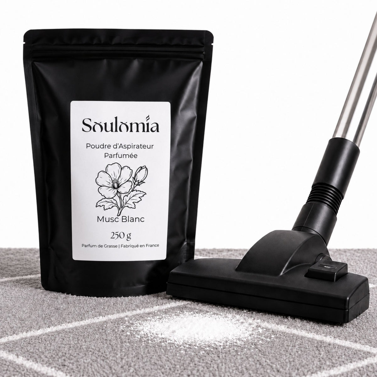 Poudre d’aspirateur parfumée Soulomia Musc Blanc 250 g – sachet refermable et aspirateur