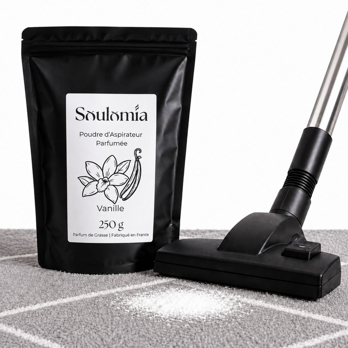 Poudre d’aspirateur parfumée Soulomia Vanille 250 g – sachet refermable et aspirateur