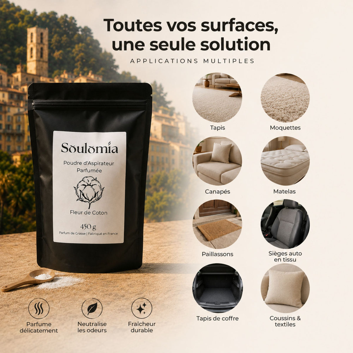Surfaces compatibles avec la poudre d’aspirateur parfumée Soulomia : tapis, moquettes, canapés, matelas, sièges auto