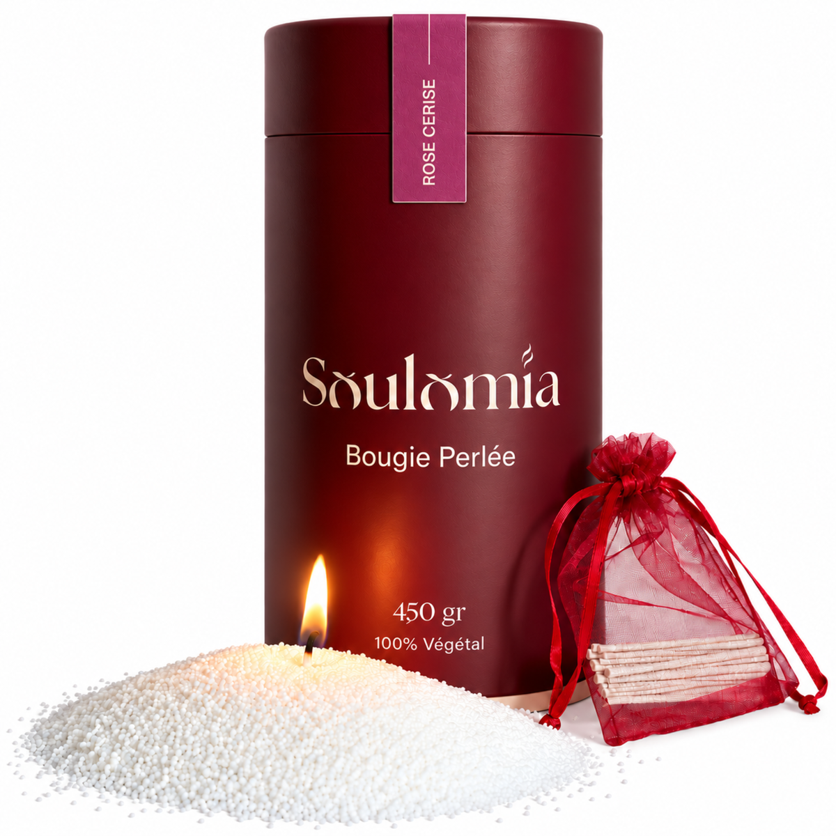 Bougie perlée Soulomia parfumée Rose Cerise – sable de bougie en cire de soja 450 g et mèches