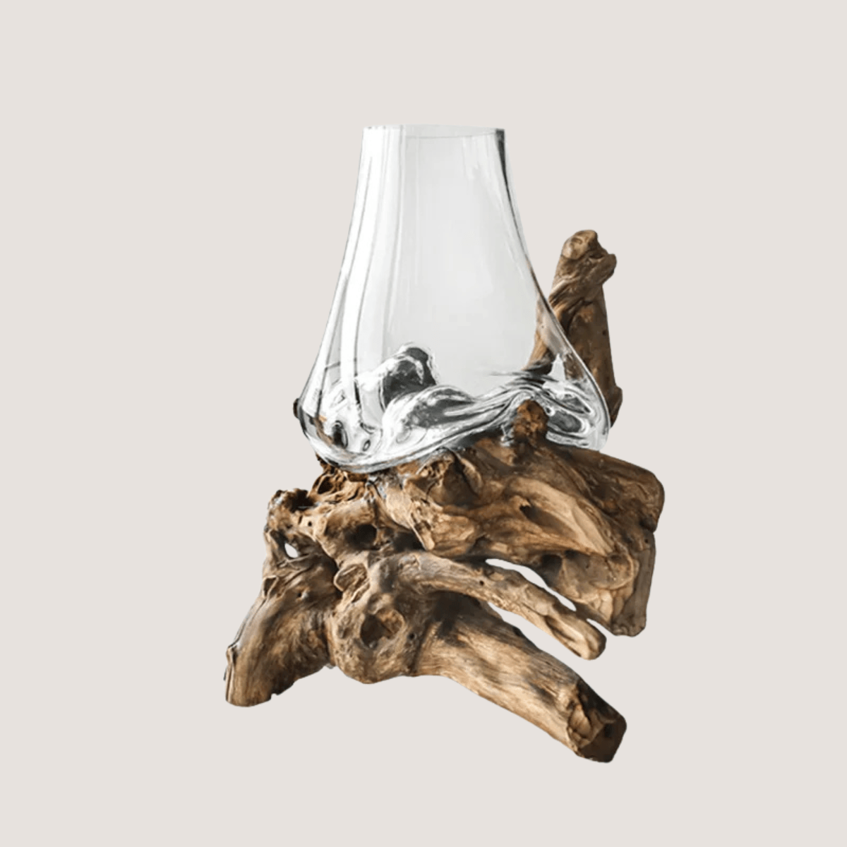 Vase en verre avec socle en bois style bonsaï