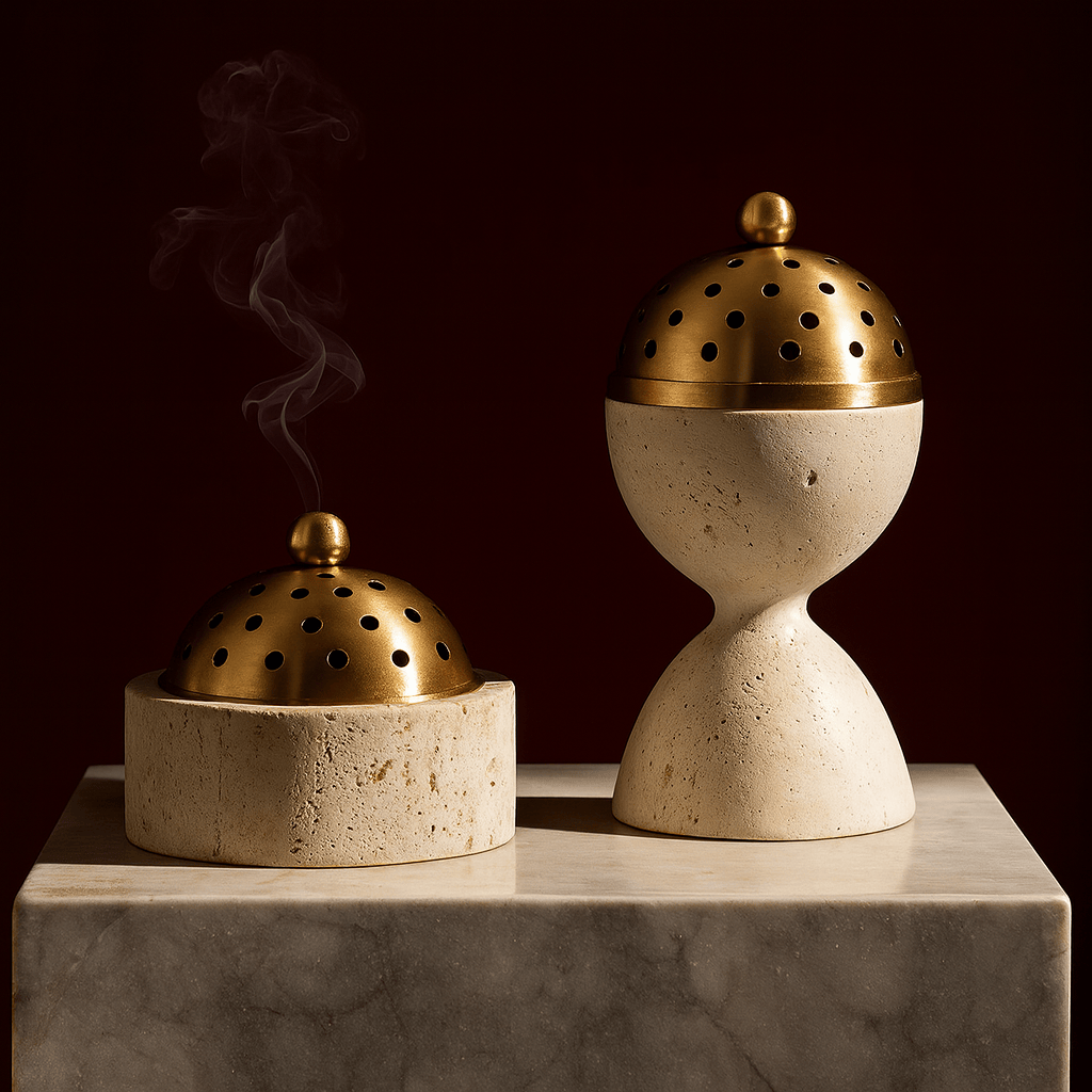 Brûleur d’Encens Travertin Luxe – Mabkhara & Laiton