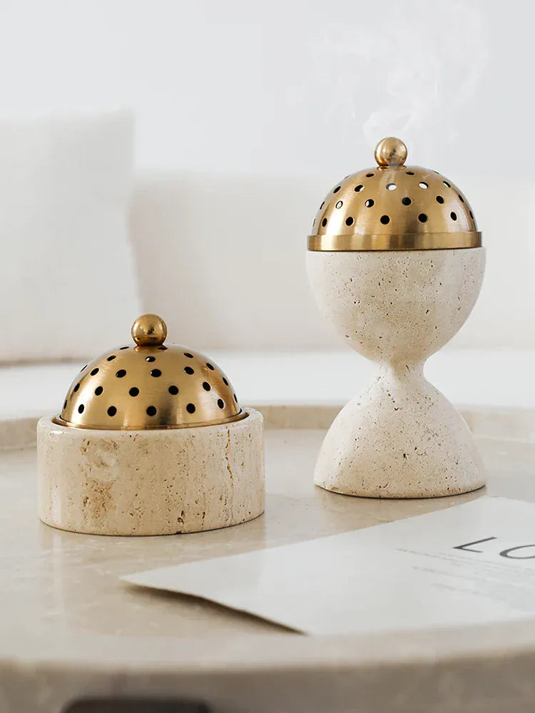 Brûleur d’Encens Travertin Luxe – Mabkhara & Laiton