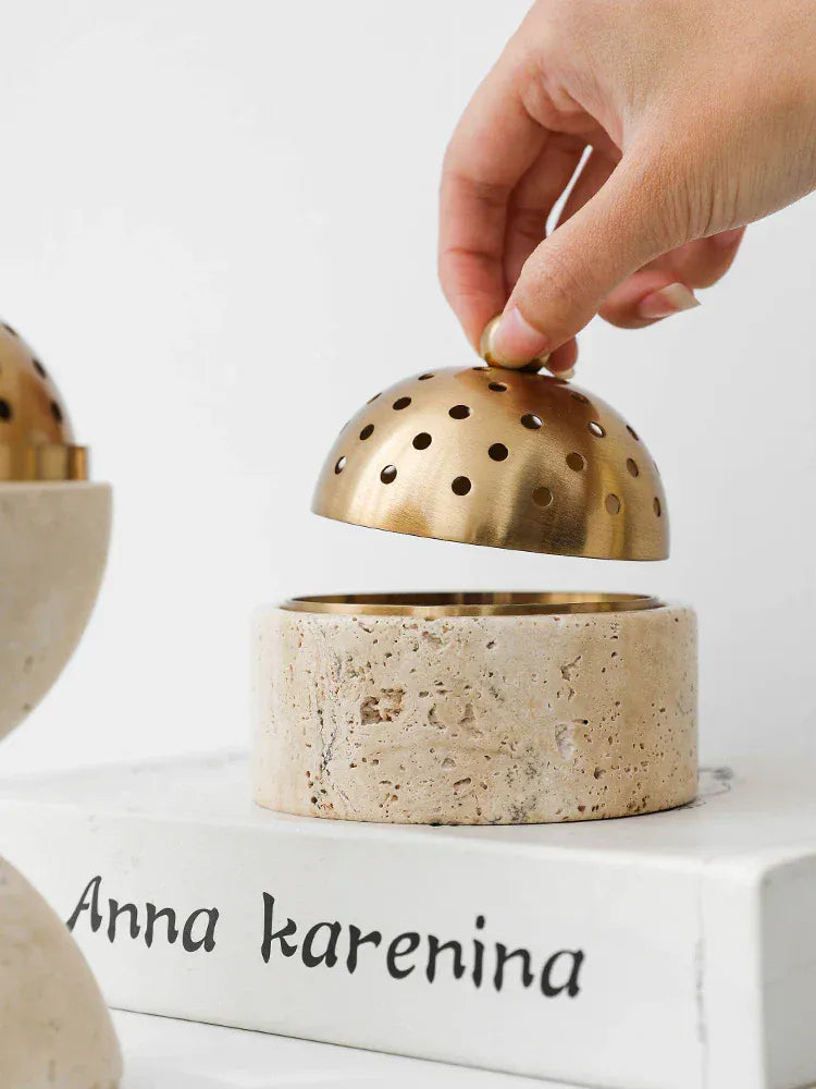 Brûleur d’Encens Travertin Luxe – Mabkhara & Laiton