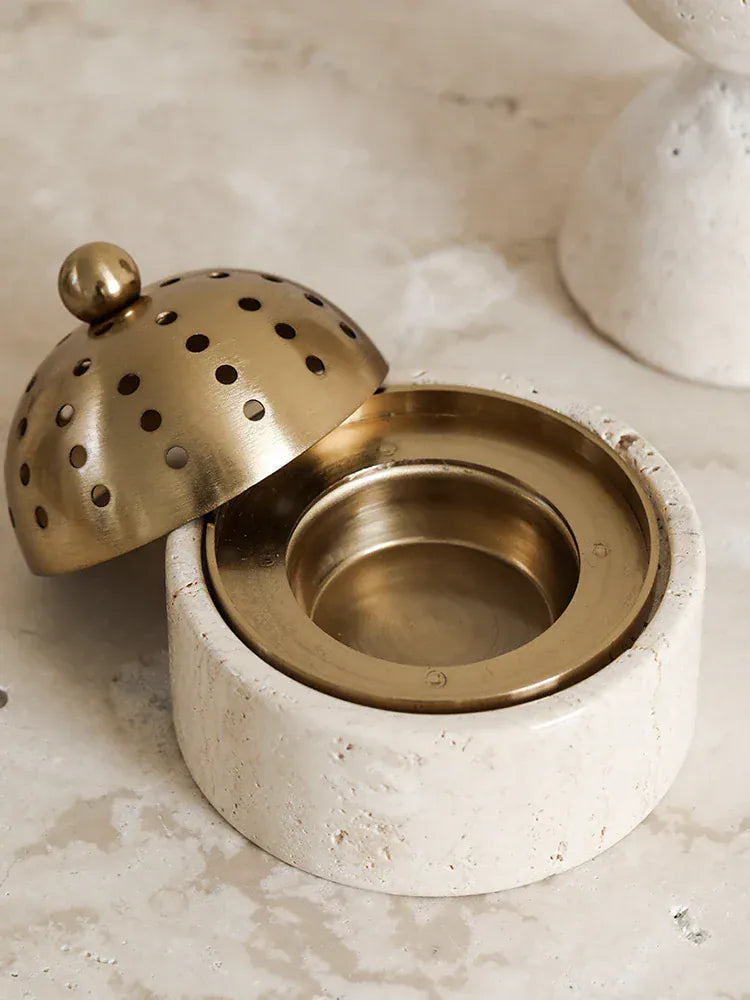Brûleur d’Encens Travertin Luxe – Mabkhara & Laiton