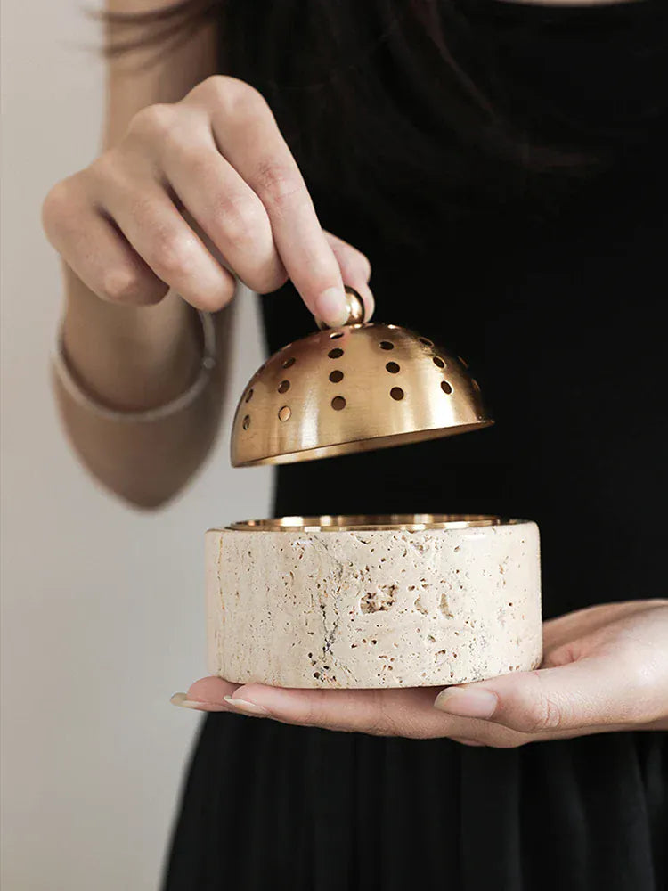 Brûleur d’Encens Travertin Luxe – Mabkhara & Laiton