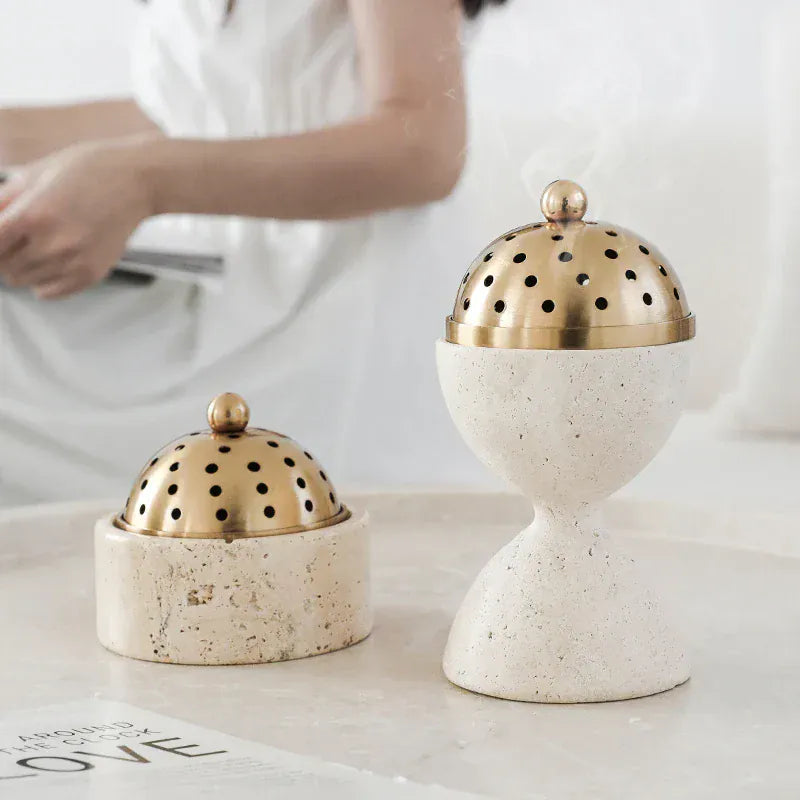 Brûleur d’Encens Travertin Luxe – Mabkhara & Laiton