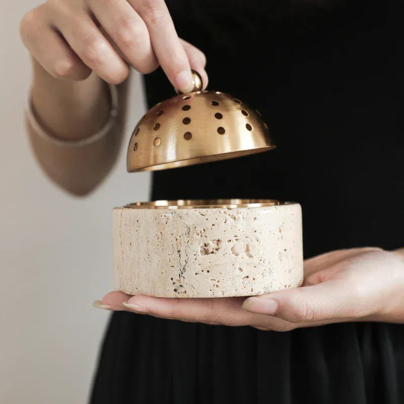 Brûleur d’Encens Travertin Luxe – Mabkhara & Laiton