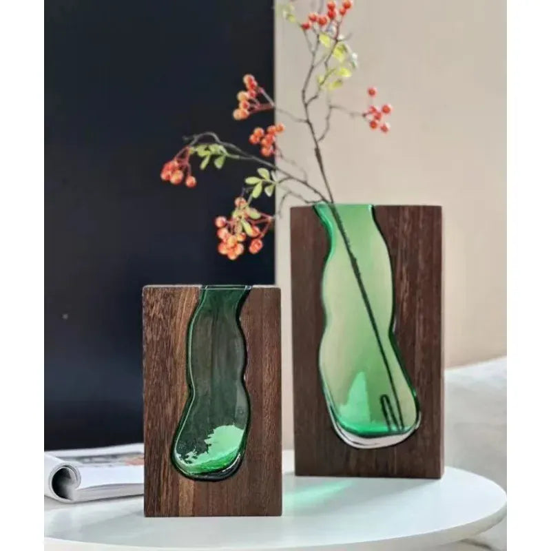 Vase en verre rectangulaire avec support en bois massif