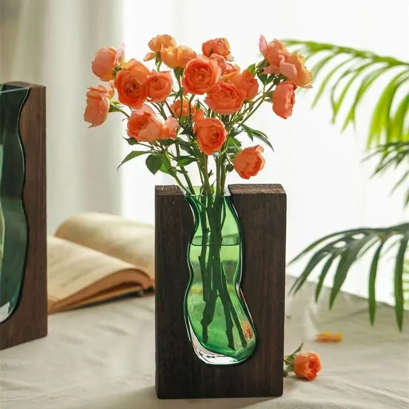 Vase en verre rectangulaire avec support en bois massif