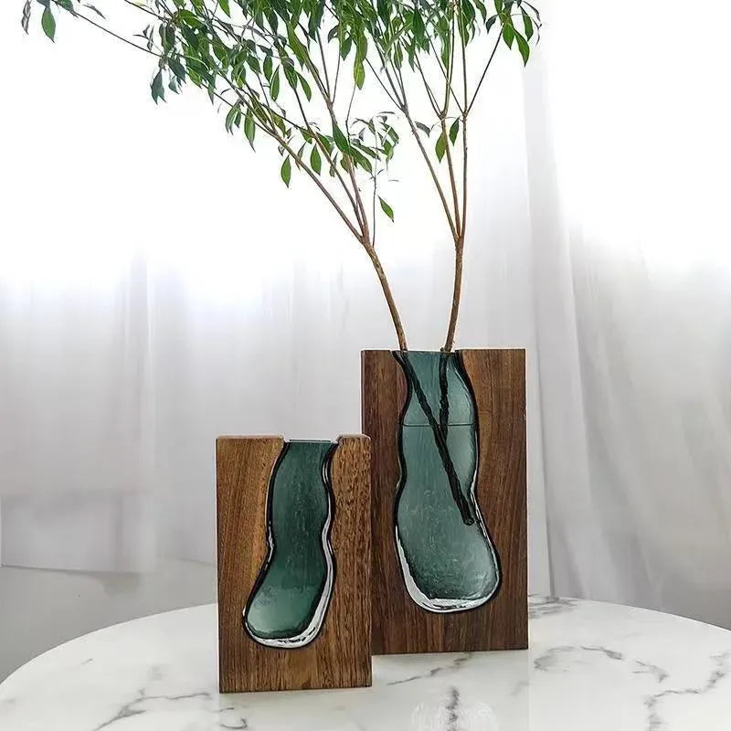 Vase en verre rectangulaire avec support en bois massif