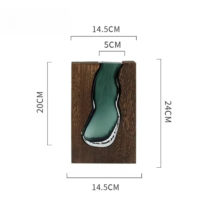 Vase en verre rectangulaire avec support en bois massif