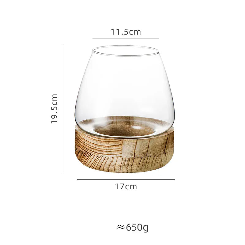 Vase en verre avec base en bois massif clair