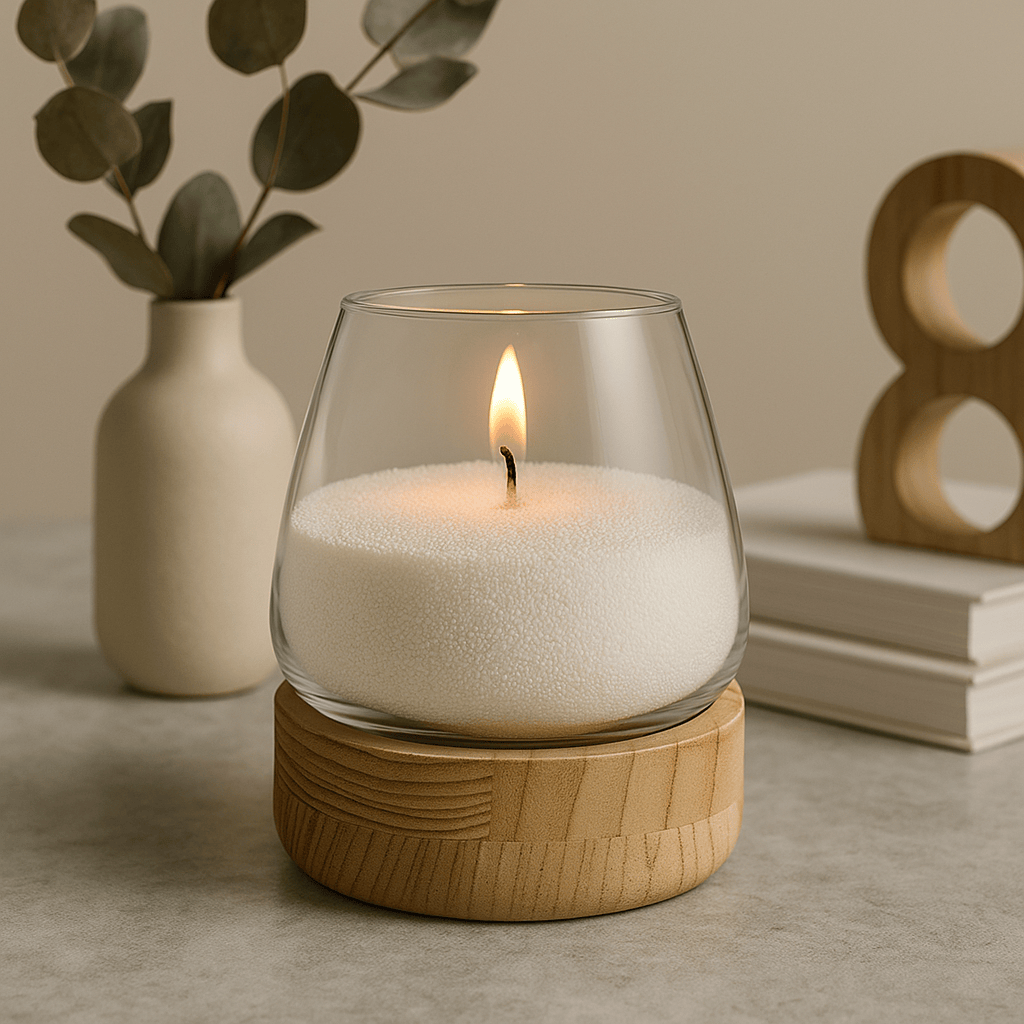 Vase en verre avec base en bois massif clair