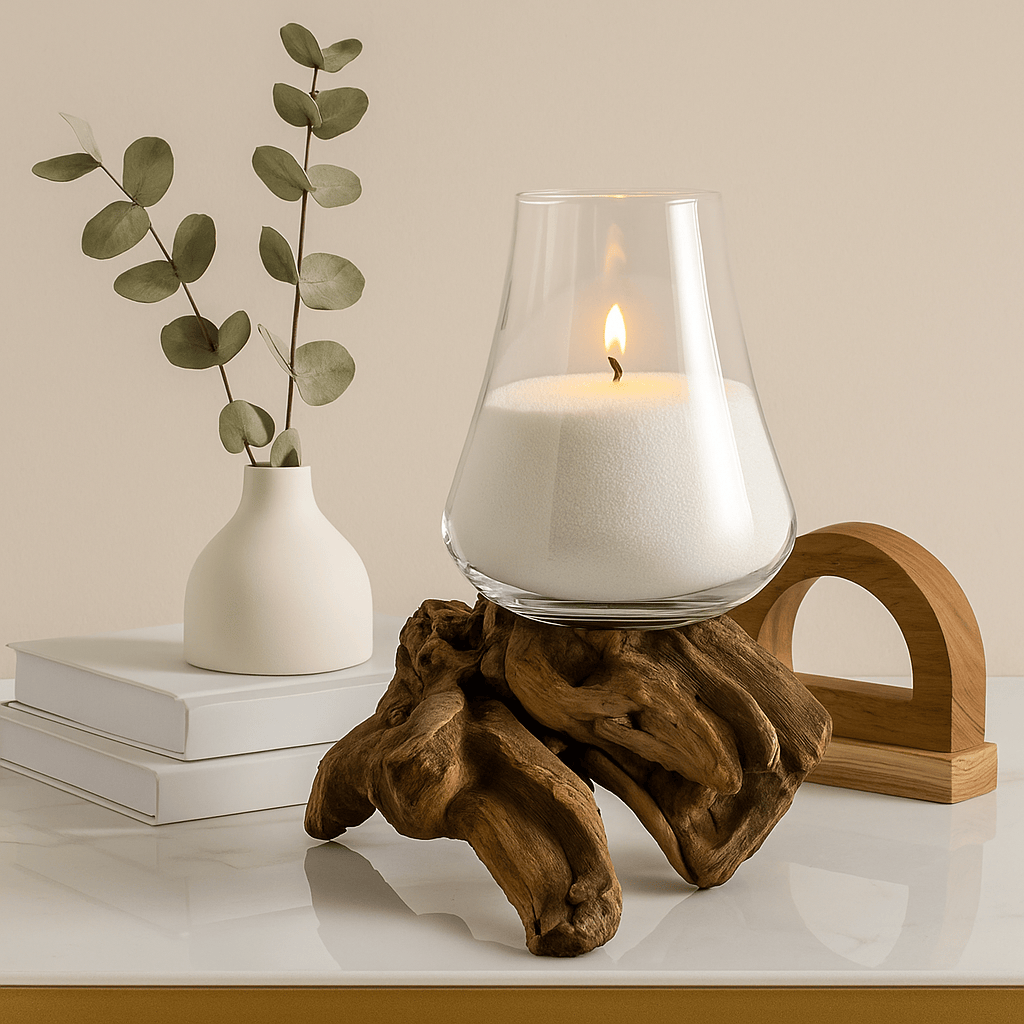 Vase en verre avec socle en bois style bonsaï