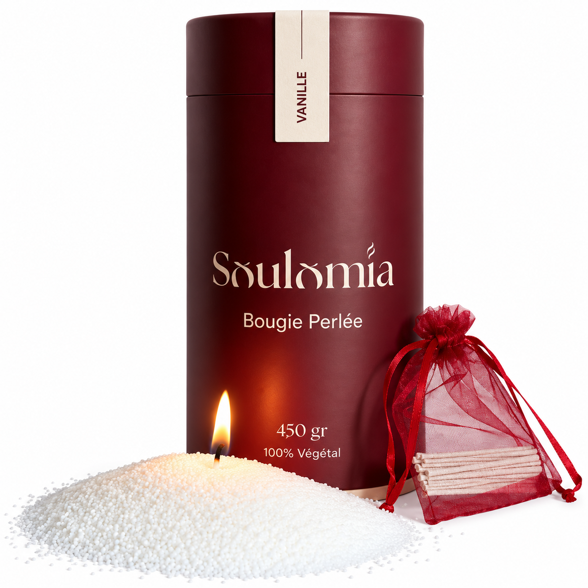 Bougie perlée Soulomia parfumée Vanille – sable de bougie en cire de soja 450 g et mèches